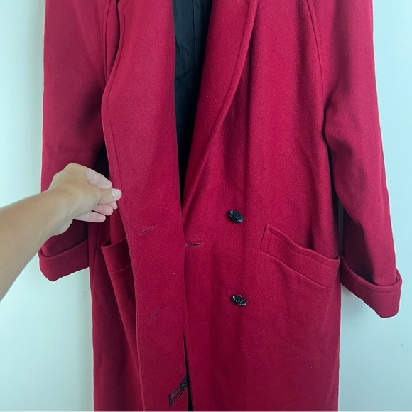 Vintage Jofeld Long Wool Coat Velvet Collar Pockets Red Black Large Old Money - Picture 11 of 16